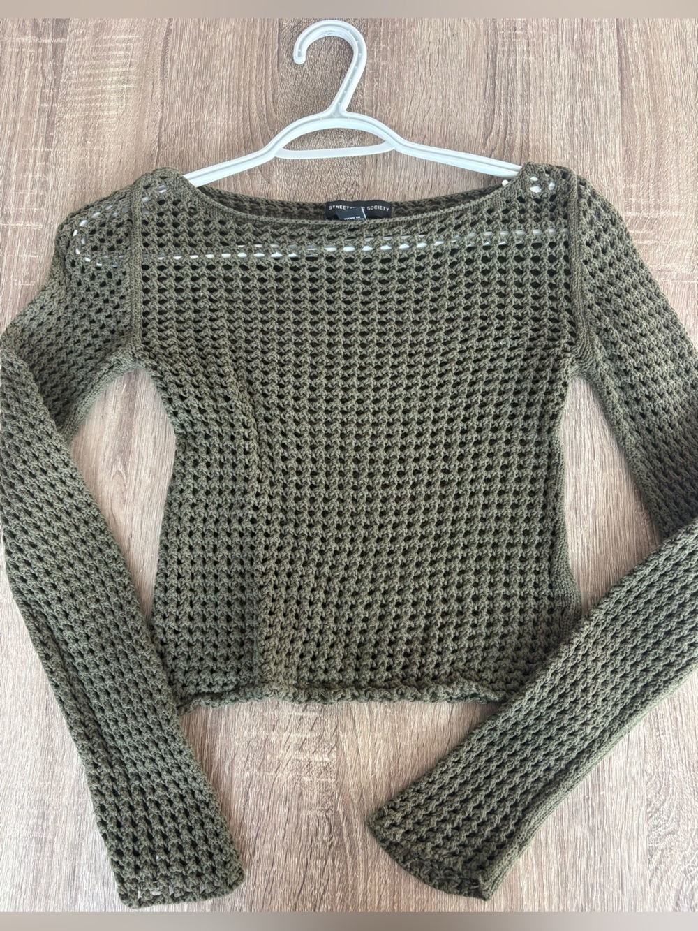 Streetwear Society Olive Green Open-Weave Scoop Neck Sweater